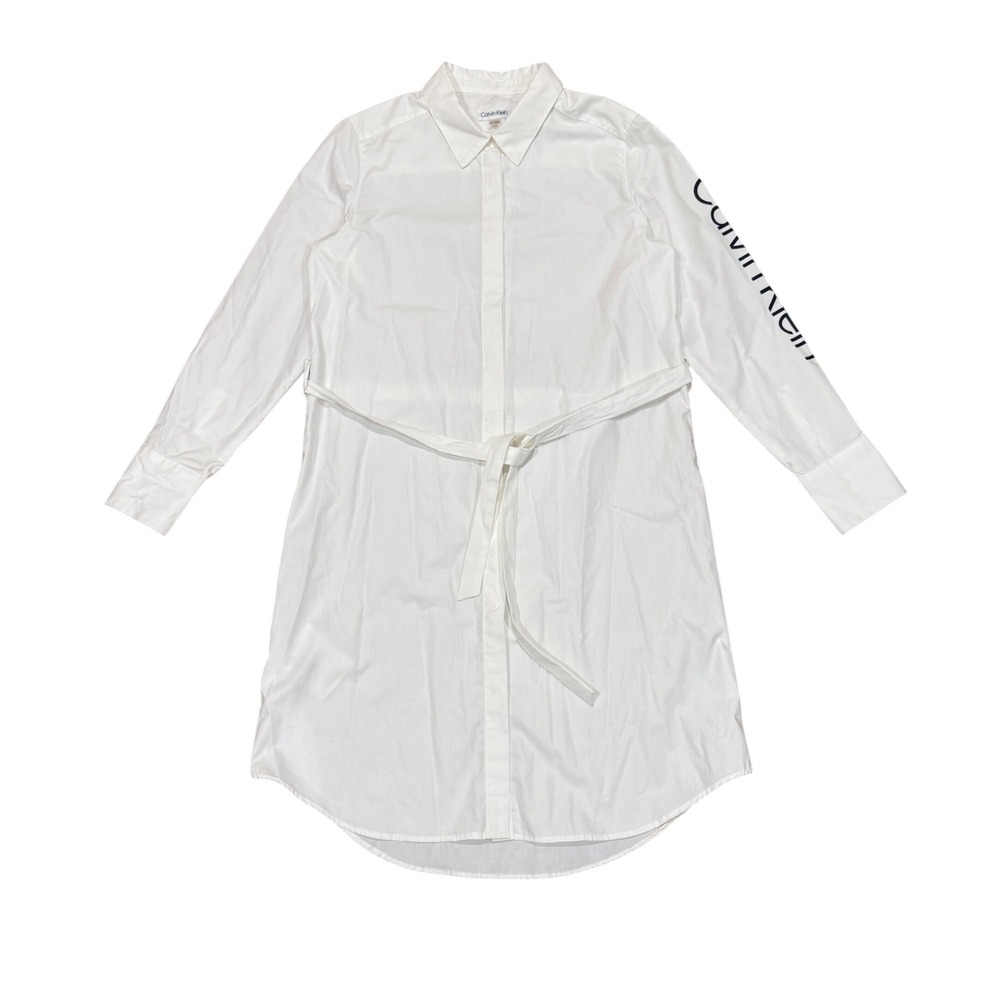 Calvin Klein‎ White Logo Sleeve Shirt Dress Tie Waist Medium NWOT